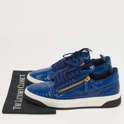 Pre Owned Giuseppe Zanotti GZ Size 42.5 Blue Croc Embossed Leather Low Top Sneakers