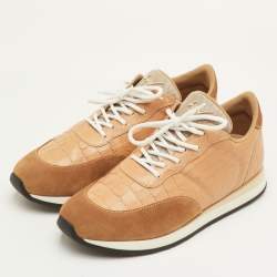 Pre Owned Giuseppe Zanotti Jimi Size 42 Beige Croc Embossed Leather and Suede Low Top Sneakers
