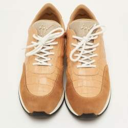 Pre Owned Giuseppe Zanotti Jimi Size 42 Beige Croc Embossed Leather and Suede Low Top Sneakers