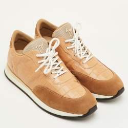 Pre Owned Giuseppe Zanotti Jimi Size 42 Beige Croc Embossed Leather and Suede Low Top Sneakers