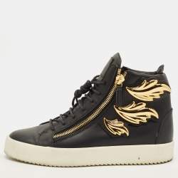 Pre Owned Giuseppe Zanotti Size 43.5 Black Leather Wings Double Side Zip High Top Sneakers