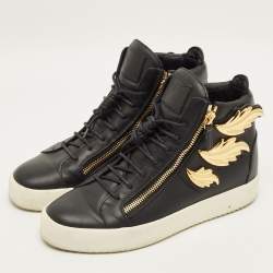 Pre Owned Giuseppe Zanotti Size 43.5 Black Leather Wings Double Side Zip High Top Sneakers