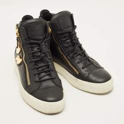 Pre Owned Giuseppe Zanotti Size 43.5 Black Leather Wings Double Side Zip High Top Sneakers