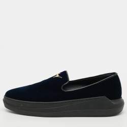 مملوكة مسبقًا Giuseppe Zanotti Conley Size 45 Navy Blue Velvet Slip On Sneakers
