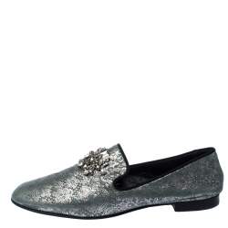 Pre Owned Giuseppe Zanotti Metallic Grey/Light Green Crystal Embellished Slip On Loafers Size 44