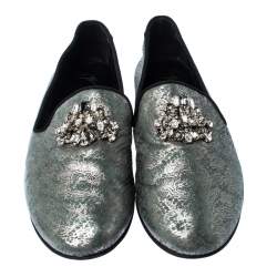 Pre Owned Giuseppe Zanotti Metallic Grey/Light Green Crystal Embellished Slip On Loafers Size 44