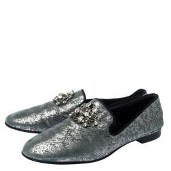Pre Owned Giuseppe Zanotti Metallic Grey/Light Green Crystal Embellished Slip On Loafers Size 44