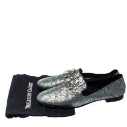 Pre Owned Giuseppe Zanotti Metallic Grey/Light Green Crystal Embellished Slip On Loafers Size 44