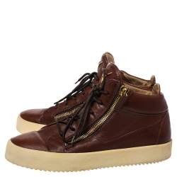 Pre Owned Giuseppe Zanotti Brown Leather Double Zip Lace Up Sneakers Size 43