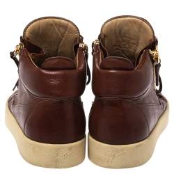 Pre Owned Giuseppe Zanotti Brown Leather Double Zip Lace Up Sneakers Size 43