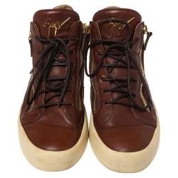 Pre Owned Giuseppe Zanotti Brown Leather Double Zip Lace Up Sneakers Size 43