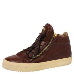 Pre Owned Giuseppe Zanotti Brown Leather Double Zip Lace Up Sneakers Size 43