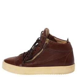 Pre Owned Giuseppe Zanotti Brown Leather Double Zip Lace Up Sneakers Size 43