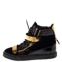 Giuseppe Zanotti Black/Blue Patent Leather and Velvet Coby High Top Sneakers Size 39