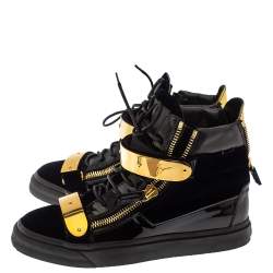 Giuseppe Zanotti Black/Blue Patent Leather and Velvet Coby High Top Sneakers Size 39