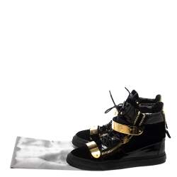 Giuseppe Zanotti Black/Blue Patent Leather and Velvet Coby High Top Sneakers Size 39
