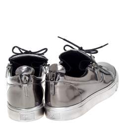 Pre Owned Giuseppe Zanotti Metallic Gunmetal Leather May London Double Chain Low Top Sneakers Size 46
