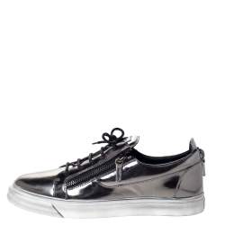 Pre Owned Giuseppe Zanotti Metallic Gunmetal Leather May London Double Chain Low Top Sneakers Size 46