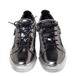 Pre Owned Giuseppe Zanotti Metallic Gunmetal Leather May London Double Chain Low Top Sneakers Size 46