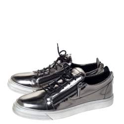 Pre Owned Giuseppe Zanotti Metallic Gunmetal Leather May London Double Chain Low Top Sneakers Size 46