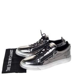 Pre Owned Giuseppe Zanotti Metallic Gunmetal Leather May London Double Chain Low Top Sneakers Size 46