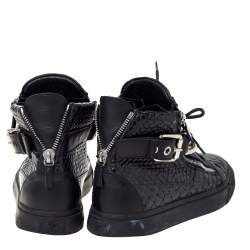Pre Owned Giuseppe Zanotti Black Croc Embossed Leather Chain Embellished London High Top Sneakers Size 45