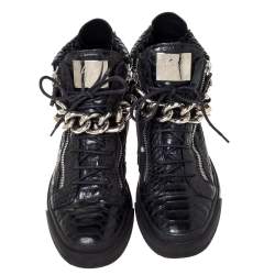 Pre Owned Giuseppe Zanotti Black Croc Embossed Leather Chain Embellished London High Top Sneakers Size 45
