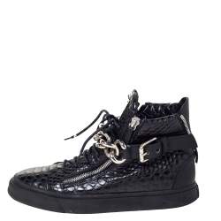 Pre Owned Giuseppe Zanotti Black Croc Embossed Leather Chain Embellished London High Top Sneakers Size 45