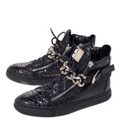 Pre Owned Giuseppe Zanotti Black Croc Embossed Leather Chain Embellished London High Top Sneakers Size 45