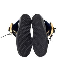 Pre Owned Giuseppe Zanotti Navy Blue Velvet and Black Leather Coby High Top Sneakers Size 45