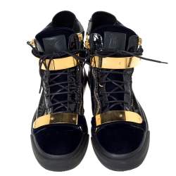 Pre Owned Giuseppe Zanotti Navy Blue Velvet and Black Leather Coby High Top Sneakers Size 45