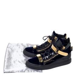Pre Owned Giuseppe Zanotti Navy Blue Velvet and Black Leather Coby High Top Sneakers Size 45