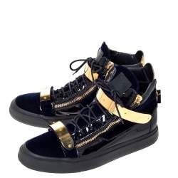 Pre Owned Giuseppe Zanotti Navy Blue Velvet and Black Leather Coby High Top Sneakers Size 45
