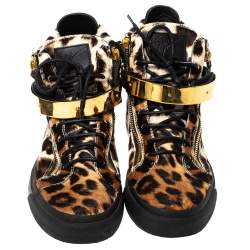 Pre Owned Giuseppe Zanotti Brown/Black Leopard Print Calf hair Lace Up High Top Sneakers Size 44