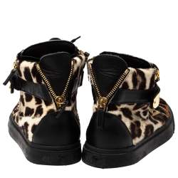 Pre Owned Giuseppe Zanotti Brown/Black Leopard Print Calf hair Lace Up High Top Sneakers Size 44