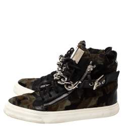 Pre Owned Giuseppe Zanotti Multicolor Camouflage Calf Hair Chain Embellished London High Top Sneakers Size 44.5