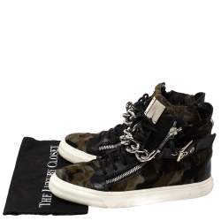 Pre Owned Giuseppe Zanotti Multicolor Camouflage Calf Hair Chain Embellished London High Top Sneakers Size 44.5