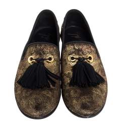 Pre Owned Giuseppe Zanotti Gold Velvet Brocade Fabric Tassel Detail Smoking Slippers Size 41