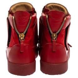 Pre Owned Giuseppe Zanotti Red Suede And Leather Double Zip High Top Sneakers Size 42