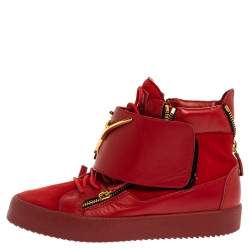 Pre Owned Giuseppe Zanotti Red Suede And Leather Double Zip High Top Sneakers Size 42
