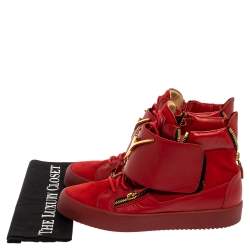 Pre Owned Giuseppe Zanotti Red Suede And Leather Double Zip High Top Sneakers Size 42