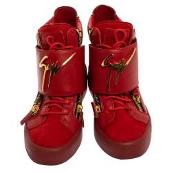 Pre Owned Giuseppe Zanotti Red Suede And Leather Double Zip High Top Sneakers Size 42