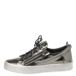 Pre Owned Giuseppe Zanotti Metallic Gunmetal Patent Leather Frankie Low Top Sneakers Size 43