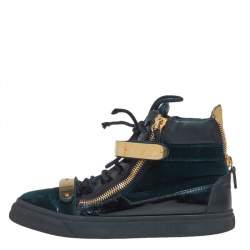 Pre Owned Giuseppe Zanotti Dark Green/Gold Velvet And Leather Double Bar High Top Sneakers Size 40