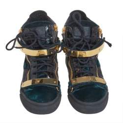 Pre Owned Giuseppe Zanotti Dark Green/Gold Velvet And Leather Double Bar High Top Sneakers Size 40