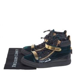 Pre Owned Giuseppe Zanotti Dark Green/Gold Velvet And Leather Double Bar High Top Sneakers Size 40