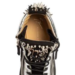 Pre Owned Giuseppe Zanotti Black/Silver Suede and Patent Leather Studded Jimbo Mid Top Sneakers Size 40