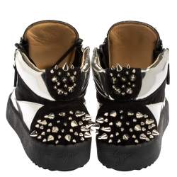 Pre Owned Giuseppe Zanotti Black/Silver Suede and Patent Leather Studded Jimbo Mid Top Sneakers Size 40