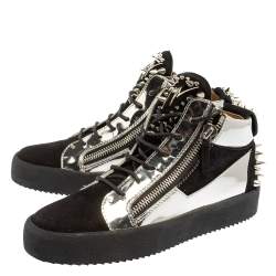 Pre Owned Giuseppe Zanotti Black/Silver Suede and Patent Leather Studded Jimbo Mid Top Sneakers Size 40