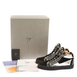 Pre Owned Giuseppe Zanotti Black/Silver Suede and Patent Leather Studded Jimbo Mid Top Sneakers Size 40